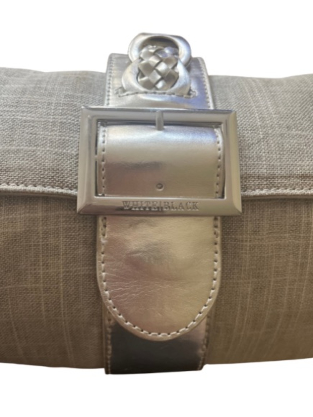 White House Black Market Silver and Tan Linen Braided Buckle Evening Clutch - Picture 7 of 13
